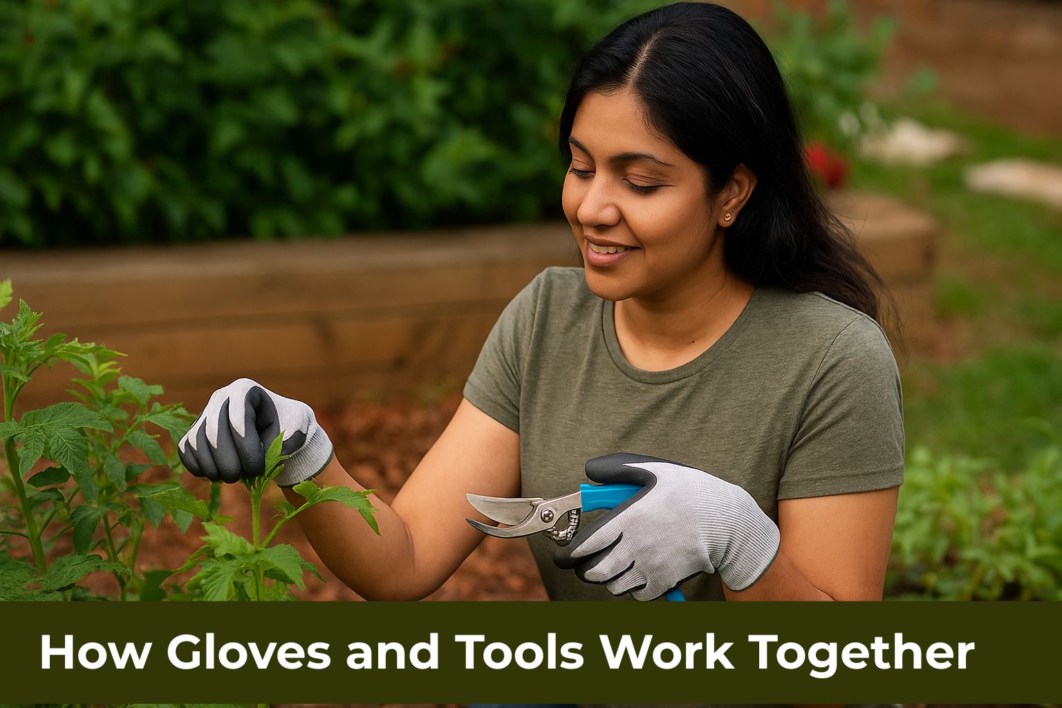An Indian woman uses gardening gloves and pruning shears while trimming plants in a home garden, demonstrating how gloves and tools work together for safer gardening